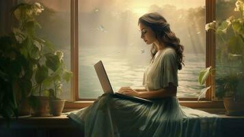 jovem mulher digitando em computador portátil desfrutando solidão foto