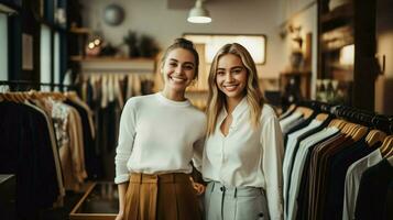 jovem mulheres sorridente dentro elegante roupas loja foto