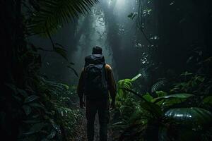 homem com mochila caminhando dentro a floresta tropical. viagem e aventura conceito, masculino caminhante caminhando através uma denso Sombrio selva, traseiro visualizar, cheio corpo, ai gerado foto