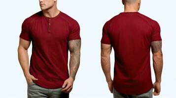 masculino camiseta brincar, frente e costas visualizar, isolado em branco fundo, masculino modelo vestindo uma real vermelho cor henley camiseta em uma branco fundo, frente Visão e costas visualizar, ai gerado foto