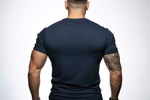 costas Visão do tatuado homem dentro Preto camiseta em cinzento fundo, masculino modelo vestindo uma Sombrio marinha azul cor sólido camiseta em uma branco fundo, frente Visão e costas visualizar, topo seção cortado, ai gerado foto