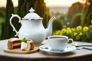 café e bolo em uma mesa com uma Visão do a jardim. gerado por IA foto