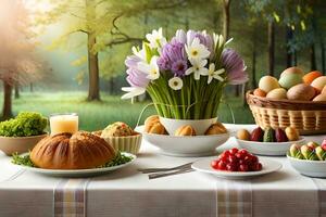 uma mesa com uma cesta do Comida e flores gerado por IA foto