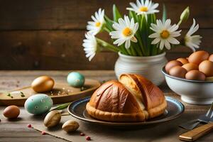 Páscoa ovos, pão e flores em uma mesa. gerado por IA foto