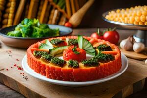 uma vegetal bolo com brócolis e tomates em uma placa. gerado por IA foto