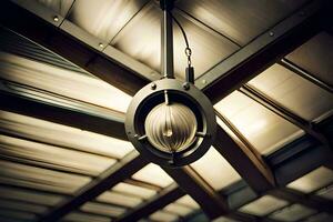 uma luz fixação suspensão a partir de uma teto dentro uma prédio. gerado por IA foto