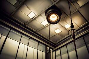 uma luz fixação é suspensão a partir de a teto dentro uma sala. gerado por IA foto