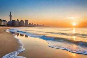 a Sol sobe sobre a cidade Horizonte dentro a fundo. gerado por IA foto