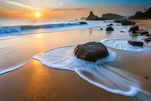 uma lindo pôr do sol sobre a oceano com ondas falhando em a de praia. gerado por IA foto