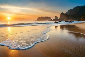 pôr do sol em a de praia com ondas e pedras. gerado por IA foto