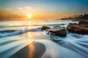 uma lindo pôr do sol sobre a oceano com ondas falhando para dentro a costa. gerado por IA foto