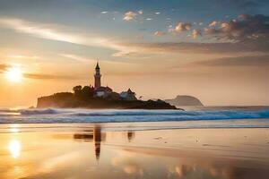 uma farol em uma de praia às pôr do sol com ondas e oceano. gerado por IA foto