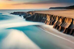 uma grandes exposição fotografia do ondas falhando para dentro a costa. gerado por IA foto