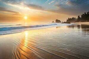 pôr do sol em a de praia com ondas e árvores gerado por IA foto