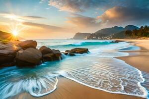 uma lindo pôr do sol sobre a oceano com ondas falhando em a de praia. gerado por IA foto