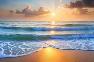 pôr do sol em a de praia com ondas e Sol. gerado por IA foto