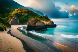 uma lindo de praia com uma rochoso penhasco e oceano. gerado por IA foto