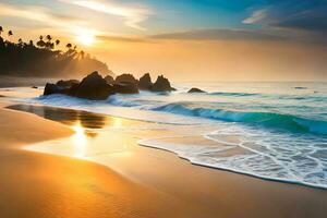 pôr do sol em a de praia dentro sri lanka. gerado por IA foto