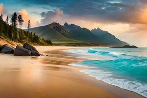 uma lindo de praia com pedras e árvores às pôr do sol. gerado por IA foto