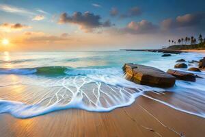 pôr do sol em a de praia com ondas e pedras. gerado por IA foto