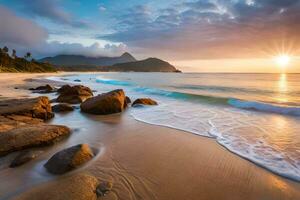 uma lindo pôr do sol sobre a oceano e pedras em a de praia. gerado por IA foto