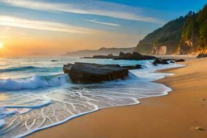 uma lindo de praia com ondas e pedras às pôr do sol. gerado por IA foto