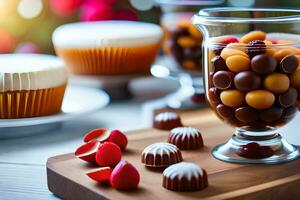 uma mesa com uma vidro do chocolate e doces. gerado por IA foto