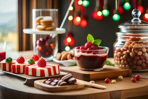 Natal sobremesa bufê com vermelho bagas e biscoitos. gerado por IA foto