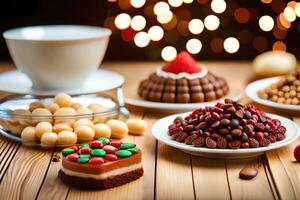 Natal doces em uma mesa com uma copo do café. gerado por IA foto