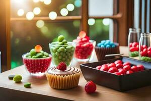 vários tipos do doce e fruta em uma mesa. gerado por IA foto