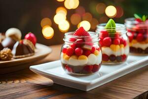 três sobremesa frascos com fruta e chocolate em uma de madeira mesa. gerado por IA foto