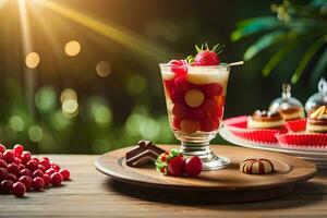 uma sobremesa com morangos e cerejas em uma de madeira mesa. gerado por IA foto