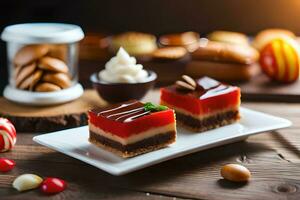 Páscoa sobremesa com chocolate e geléia em de madeira mesa. gerado por IA foto