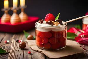 geléia com chocolate e morangos em uma de madeira mesa. gerado por IA foto