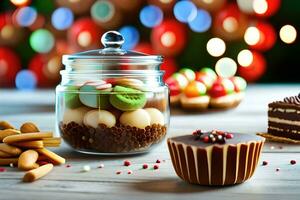 Natal sobremesas dentro uma jarra em uma de madeira mesa. gerado por IA foto