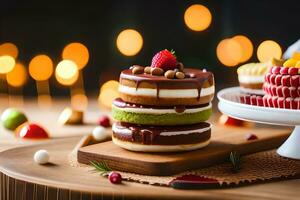 uma bolo com chocolate e morangos em uma de madeira mesa. gerado por IA foto