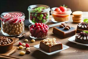 vários tipos do chocolates e doces em uma mesa. gerado por IA foto