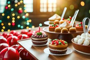 Natal bufê com Natal decorações e sobremesas. gerado por IA foto