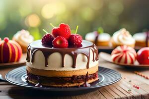 uma bolo com chocolate geada e framboesas. gerado por IA foto