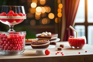 uma mesa com uma vidro do vermelho vinho e alguns doces. gerado por IA foto