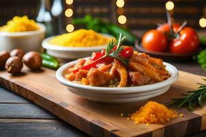 uma de madeira corte borda com uma tigela do Comida. gerado por IA foto