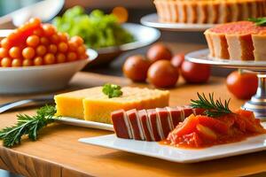 uma mesa com vários tipos do Comida em isto. gerado por IA foto