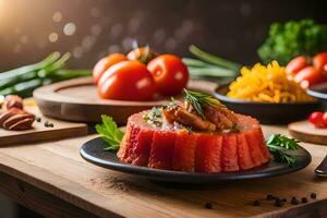 uma prato do Comida com legumes e carne em isto. gerado por IA foto