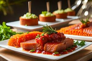 uma mesa com aperitivos e salmão. gerado por IA foto