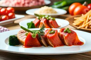 uma prato do Comida com carne e legumes. gerado por IA foto