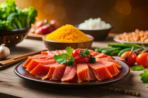 salmão em uma prato com legumes e de outros ingredientes. gerado por IA foto