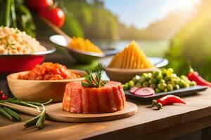 uma mesa com vários alimentos Incluindo peixe, legumes e arroz. gerado por IA foto