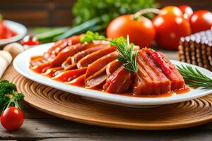uma prato do carne com tomates e legumes. gerado por IA foto