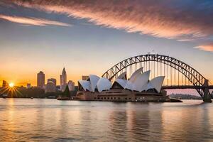 Sydney ópera casa e Sydney ponte às pôr do sol. gerado por IA foto