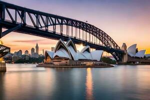 Sydney ópera casa e ponte às pôr do sol. gerado por IA foto